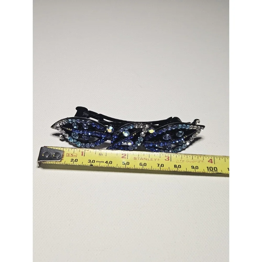 Blue Rhinestone Leaf Hair Barrette Crystal Sparkly Navy Teal Wave Clip Women